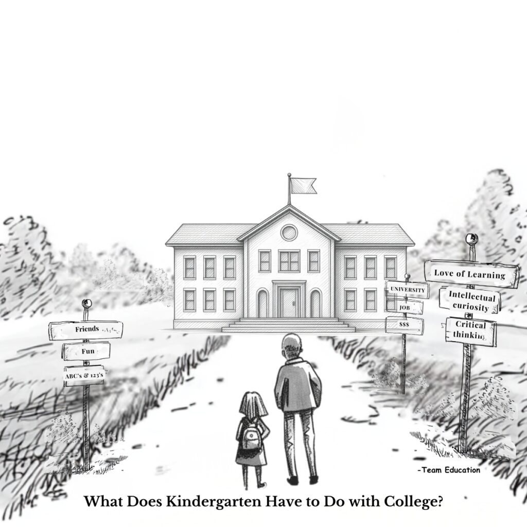 Black and White illustration of a father and daughter walking down a path towards school