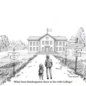 Black and White illustration of a father and daughter walking down a path towards school