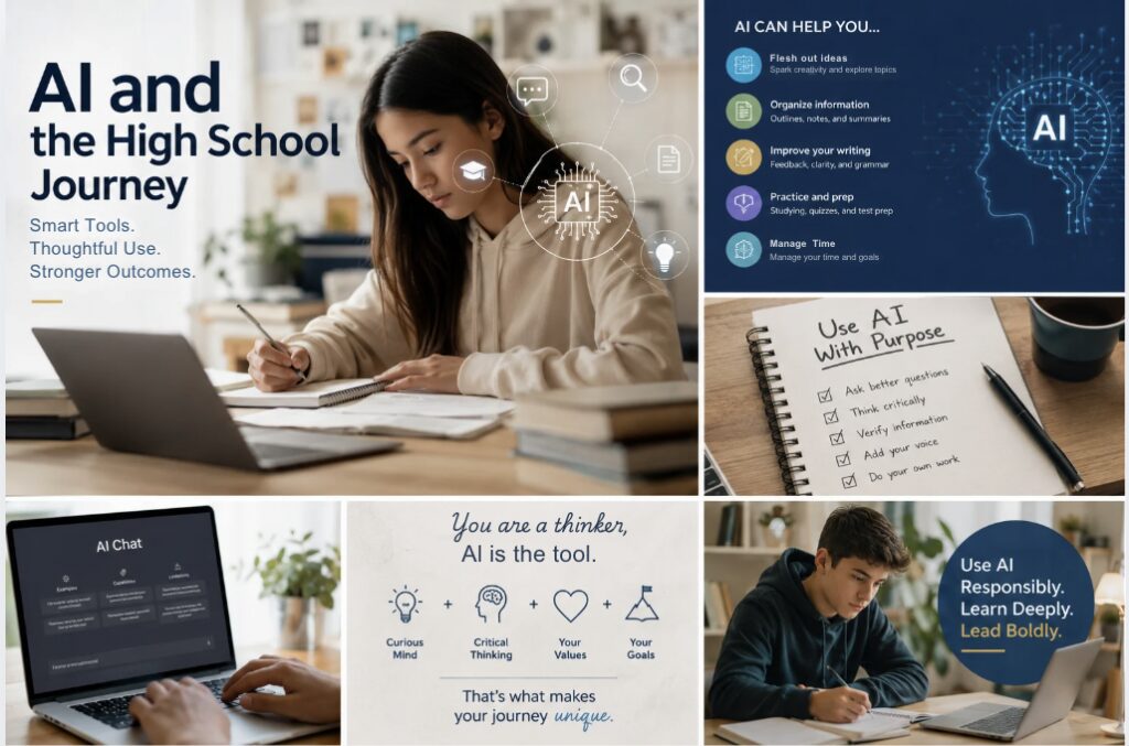 AI and the High School Journey collage showing students using AI for learning, writing, organization, and study while promoting critical thinking and responsible AI use.